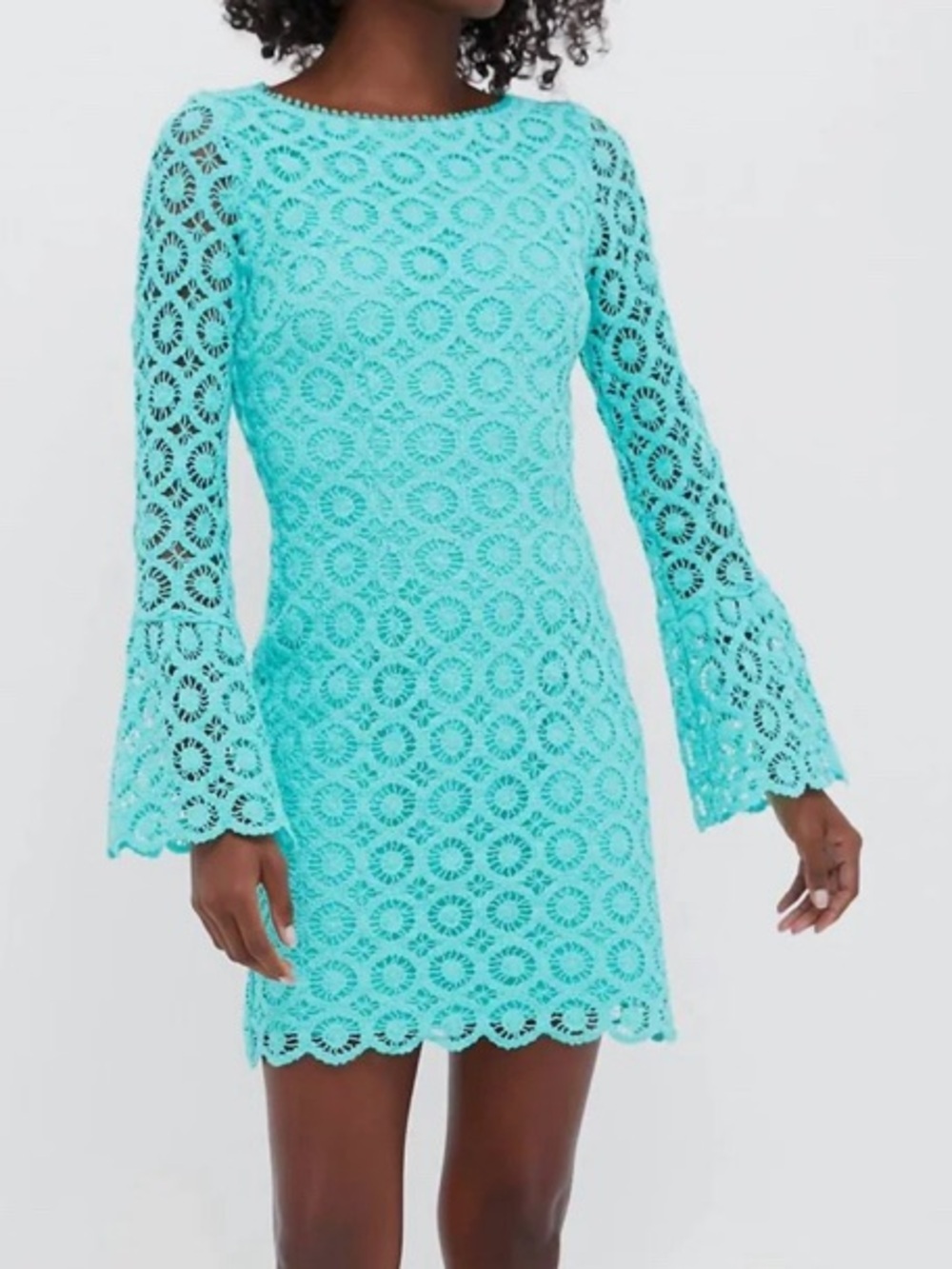 SAYLOR Teal Crochet Lace Bell-Sleeve Mini Dress - Picture 4 of 5